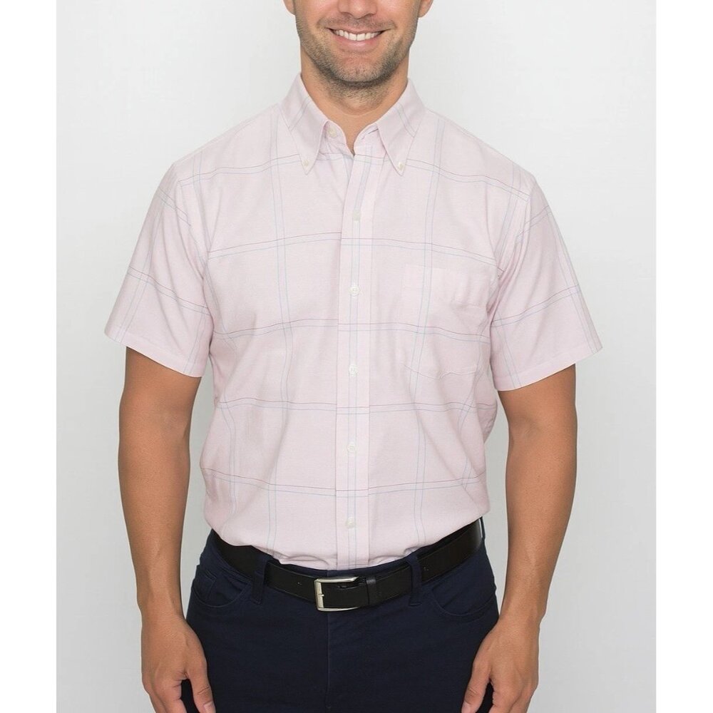 Arrow Dover Men’s Button Down Shirt Pink Plaid Short Sleeves 15 Small Made USA